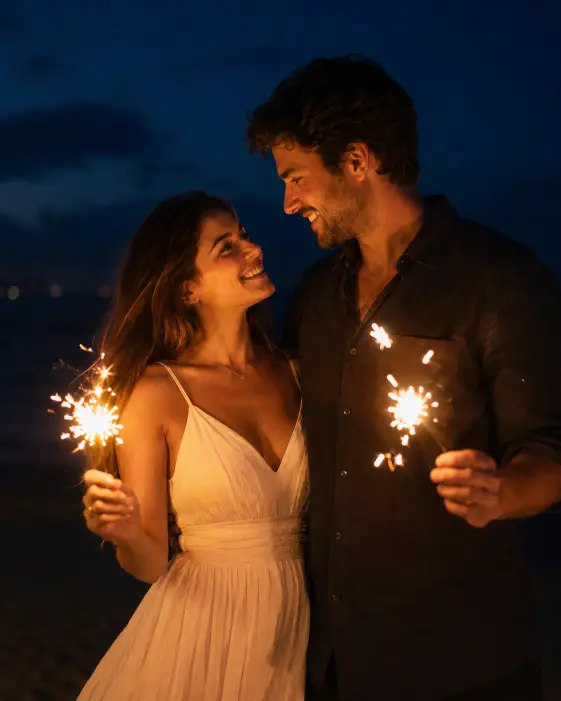 Create a photo of a couple outdoors at night each holding a lit sparkler, the warm sparks lighting up their faces as they smile at each other. The woman is wearing a flowing white dress and the man is in a dark casual shirt with rolled sleeves. The camera is at eye level with a slow shutter to capture the sparkler glow. Deep blue evening sky in the background with warm sparkler light on their faces. Romantic, intimate, glowing mood. Use aspect ratio 4:5.