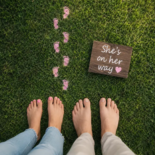 Create an overhead photo of two adults' bare feet standing on grass, with painted pink footprints in a small line beside them as if a tiny child walked past. A small wooden sign reading "She's on her way" rests nearby. The camera is positioned directly above shooting straight down. Soft natural daylight with gentle shadows. Fresh, playful, warm mood with green and pink tones. Use aspect ratio 1:1.