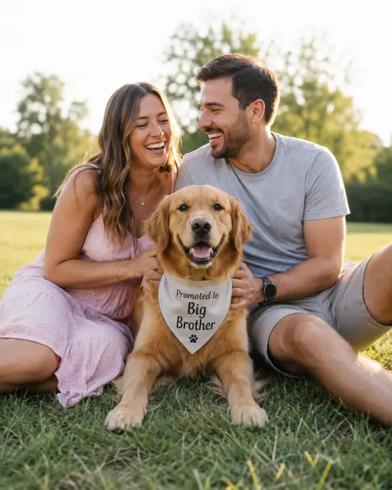 Create a photo of a couple sitting on the grass with their golden retriever, the dog wearing a small bandana that reads "Promoted to Big Brother." The couple is laughing as the dog looks at the camera. The woman is in a soft pink summer dress and the man is in a light gray tee and shorts. The camera is at ground level for a warm, candid feel. Bright, soft afternoon light. Happy, relaxed, lighthearted mood. Use aspect ratio 4:5.