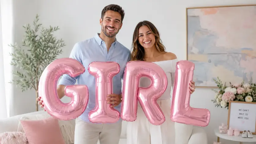 Create a photo of a couple standing in a bright room holding up large foil balloon letters that spell "GIRL" in soft pink. Both are smiling broadly and holding the letters at chest height. The woman is wearing a white off-shoulder top with wide-leg trousers and the man is in a pale blue button-down. The camera is at eye level, slightly wide to fit the letters. Bright, clean indoor lighting. Cheerful, modern mood with a pastel palette. Use aspect ratio 16:9.