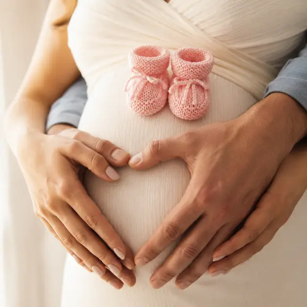 Create a close-up photo of an expecting couple's hands forming a heart shape over the woman's pregnant belly, with a small pair of pink booties resting on top. The woman is wearing a fitted ivory dress and the man's sleeve is a soft chambray. The camera is at a close, slightly angled frame focused on the hands and booties. Soft, warm side lighting. Tender, intimate, minimal mood. Use aspect ratio 1:1.
