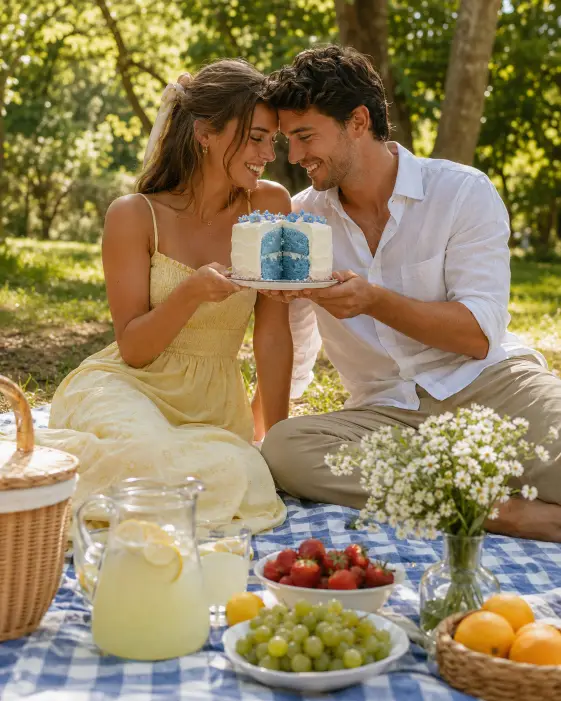 Create a photo of a couple sitting on a checkered blanket at an outdoor picnic, holding up a small cake with blue frosting inside that they have just sliced. They are leaning toward each other, both smiling warmly. The woman is wearing a soft yellow sundress and the man is in a white linen shirt. A picnic spread of fruit and lemonade sits around them. The camera is at a low seated angle. Warm, dappled sunlight through trees. Cozy, sunny, lifestyle mood. Use aspect ratio 4:5.