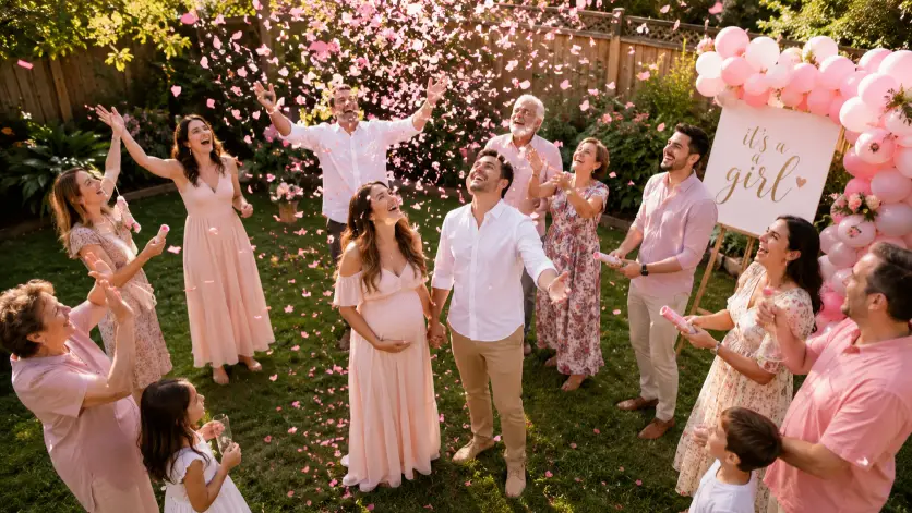 Create a photo of a small group of family and friends gathered in a backyard, all cheering as pink confetti rains down over a smiling expecting couple in the center. The couple is holding hands and looking up, surrounded by loved ones. The woman is in a blush dress and the man is in a white shirt and tan pants, with guests in soft pastel outfits. The camera is at a slightly elevated wide angle to capture the whole group. Bright, warm afternoon light. Festive, communal, joyful mood. Use aspect ratio 16:9.
