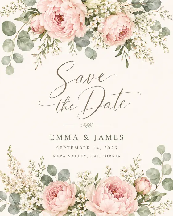 Create an elegant save the date card in portrait orientation with a clean ivory background. Place a delicate watercolor floral border of blush pink peonies, sage green eucalyptus leaves, and small white wildflowers along the top and bottom edges. In the center, add the text "Save the Date" in a flowing script font, with "Emma & James" below it in a smaller serif font, followed by "September 14, 2026" and "Napa Valley, California." Use soft natural lighting, muted romantic tones, and a refined editorial wedding aesthetic. Use aspect ratio 4:5.