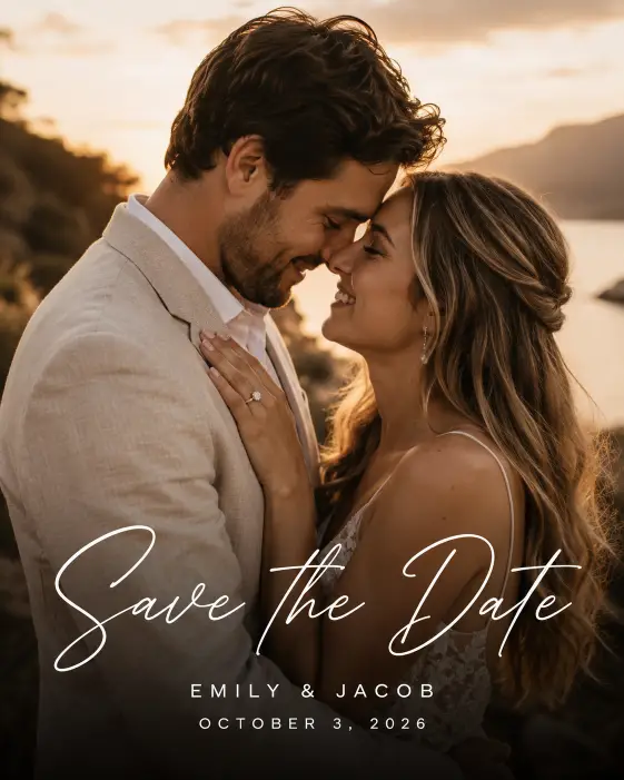 Create a save the date card with a full-bleed engagement photo of a couple filling the entire background, slightly darkened at the bottom for text legibility. Overlay the words "Save the Date" in a clean white script font across the lower third, with the couple's names and the date "October 3, 2026" in a small uppercase sans-serif font beneath it. Add a subtle warm color grade to the photo for a cohesive look. Romantic, editorial, magazine-cover style. Use aspect ratio 4:5.