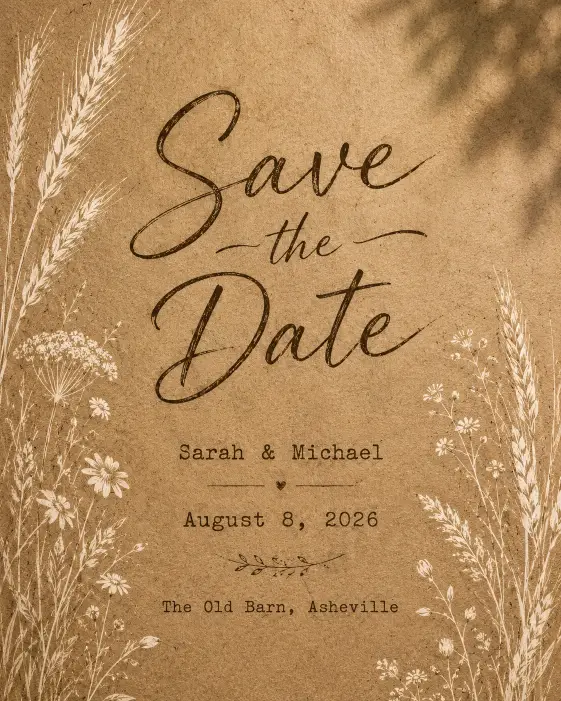 Create a rustic save the date card on a textured kraft paper background in warm brown tones. Add hand-drawn botanical illustrations of wheat stalks and small wildflowers in white ink along the edges. Place "Save the Date" in a vintage handwritten script across the center, with "Sarah & Michael" and "August 8, 2026" below in a simple typewriter-style font, and "The Old Barn, Asheville" at the bottom. Warm, cozy, countryside aesthetic with soft natural shadows. Use aspect ratio 4:5.