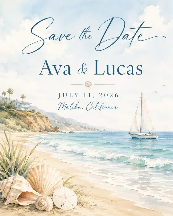 Create a coastal save the date card with a soft watercolor ocean scene in the background, blending pale aqua, sandy beige, and white tones. Add a delicate illustration of a sailboat or seashells in the lower corner. Place "Save the Date" in an elegant breezy script across the top, with "Ava & Lucas" centered, followed by "July 11, 2026" and "Malibu, California." Bright, fresh, sunlit beach aesthetic with a calm relaxed mood. Use aspect ratio 4:5.