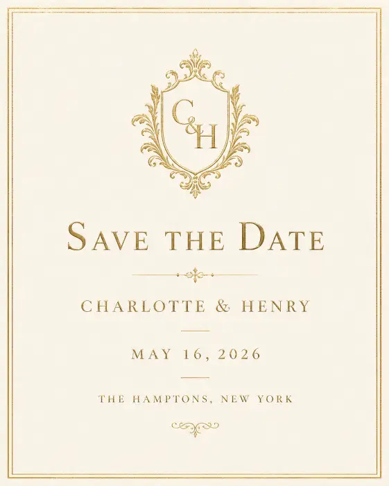 Create a luxurious save the date card on a soft eggshell background with a thin gold foil border framing the entire card. Place a small monogram crest with the initials "C & H" at the top center in gold. Below it, add "Save the Date" in a classic engraved serif font, with "Charlotte & Henry," the date "May 16, 2026," and "The Hamptons, New York" in elegant spaced lettering. Refined, timeless, old money aesthetic with subtle gold accents. Use aspect ratio 4:5.