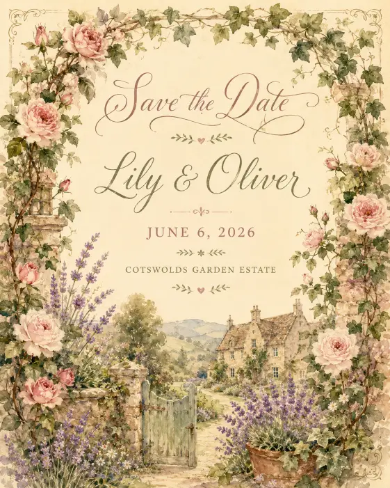 Create a cottagecore save the date card with a hand-painted garden border of climbing roses, lavender sprigs, and trailing ivy in soft muted pastels. Use a pale buttercream background. Place "Save the Date" in a romantic looping script at the top, with "Lily & Oliver" centered, followed by "June 6, 2026" and "Cotswolds Garden Estate" below. Dreamy, vintage storybook aesthetic with delicate detail and soft warm light. Use aspect ratio 4:5.