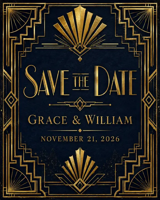 Create an art deco save the date card on a deep navy background with symmetrical gold geometric line patterns framing the edges, including fan shapes and stepped borders. Place "Save the Date" in an elegant gold deco-style font across the center, with "Grace & William" and "November 21, 2026" beneath it in a sleek metallic serif font. Add subtle gold shimmer texture. Glamorous, vintage Gatsby-inspired aesthetic with rich contrast. Use aspect ratio 4:5.