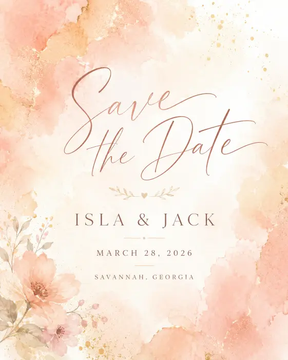 Create a save the date card with a dreamy watercolor wash background blending soft peach, blush, and pale gold tones that fade into white at the edges. Place "Save the Date" in a delicate hand-lettered script across the center, with "Isla & Jack" below in a thin serif font, followed by "March 28, 2026" and "Savannah, Georgia." Artistic, soft, painterly aesthetic with a light airy feel and gentle texture. Use aspect ratio 4:5.