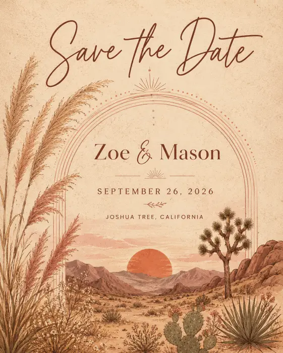Create a bohemian save the date card with a warm desert color palette of terracotta, dusty rose, and sand. Add hand-drawn line illustrations of pampas grass, a setting sun arch, and small desert plants. Use a textured beige background. Place "Save the Date" in a relaxed modern script across the top, with "Zoe & Mason," "September 26, 2026," and "Joshua Tree, California" centered below. Earthy, warm, free-spirited boho aesthetic with soft golden light. Use aspect ratio 4:5.