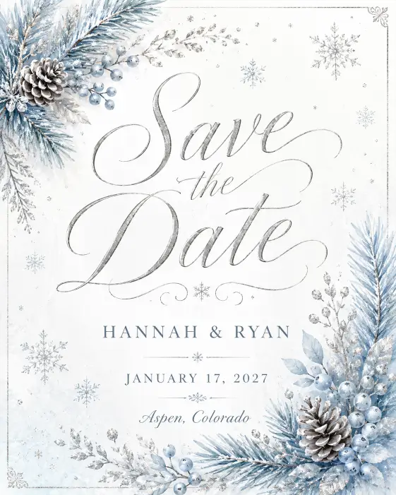 Create a winter-themed save the date card with a soft icy blue and silver color palette on a pale white background. Add delicate hand-drawn illustrations of pine sprigs, frosted berries, and tiny snowflakes along the corners. Place "Save the Date" in an elegant silver script across the center, with "Hannah & Ryan" and "January 17, 2027" below, followed by "Aspen, Colorado." Cozy, frosty, elegant winter aesthetic with soft shimmer accents. Use aspect ratio 4:5.