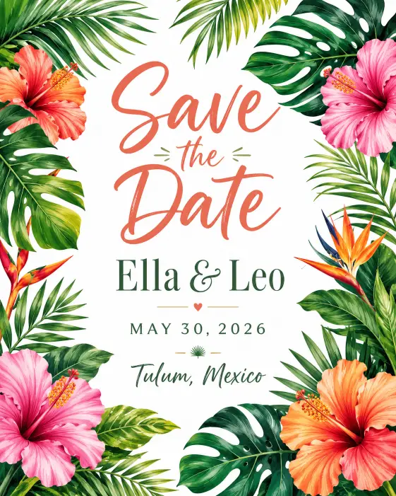 Create a tropical save the date card with lush hand-painted illustrations of monstera leaves, palm fronds, and bright hibiscus flowers framing the edges. Use a clean white background to let the greenery pop. Place "Save the Date" in a playful modern script at the top, with "Ella & Leo," "May 30, 2026," and "Tulum, Mexico" centered below. Vibrant, fresh, summery destination aesthetic with rich greens and warm tones. Use aspect ratio 4:5.