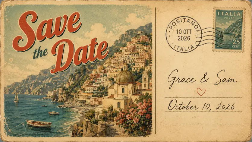 Create a save the date card designed to look like a vintage travel postcard. Use an aged cream paper texture with a faded illustrated cityscape or coastline in muted retro colors filling the upper portion. Add a faux postmark stamp and a thin dividing line on the right side like a real postcard. Place "Save the Date" in a bold retro font across the illustration, with "Grace & Sam" and "October 10, 2026" written in a handwritten-style font in the message area. Nostalgic, warm, vintage travel aesthetic. Use aspect ratio 16:9.