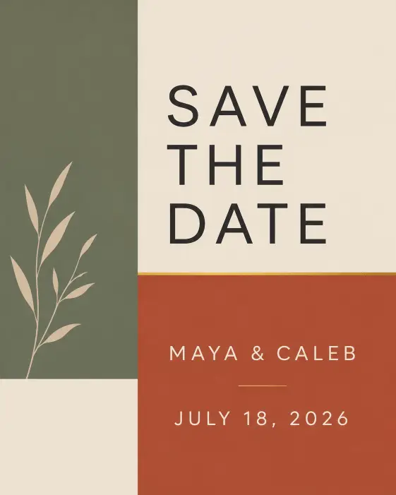 Create a modern geometric save the date card using a color-block layout with sections of muted sage green, cream, and soft rust arranged in clean rectangles. Place "Save the Date" in a bold minimalist sans-serif font within the cream section, with "Maya & Caleb" and "July 18, 2026" in the rust section below. Add a single thin gold line as an accent. Contemporary, structured, design-forward aesthetic with balanced negative space. Use aspect ratio 4:5.