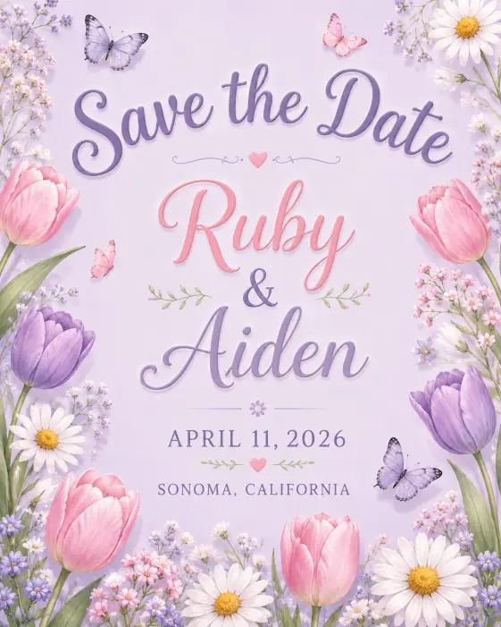 Create a save the date card with a soft pastel garden party theme on a pale lavender background. Add delicate illustrations of tulips, daisies, and small butterflies scattered lightly around the edges. Place "Save the Date" in a cheerful rounded script across the top, with "Ruby & Aiden" centered, followed by "April 11, 2026" and "Sonoma, California." Light, sweet, springtime aesthetic with soft pastel tones and gentle shadows. Use aspect ratio 4:5.