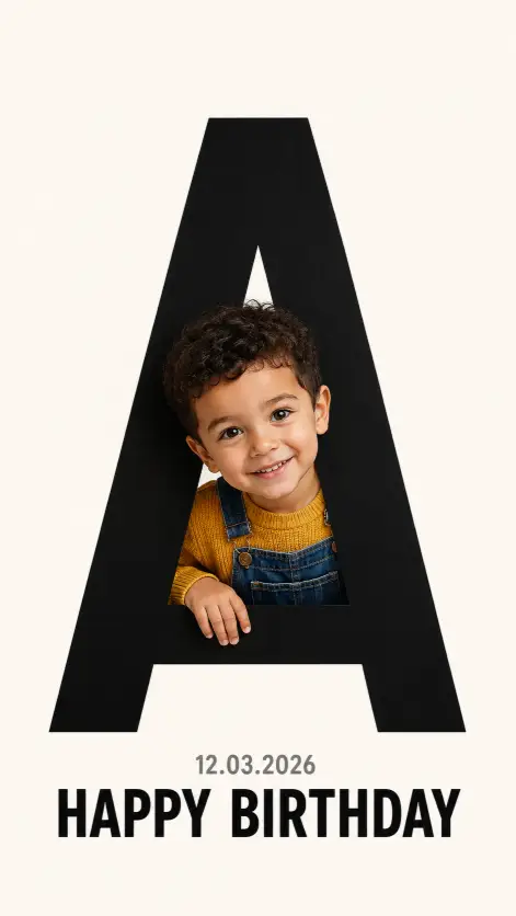 Create a large, bold black letter "A" centered on a clean off-white background. A 4-year-old boy with short curly dark hair peeks playfully through the negative space of the letter, looking out from behind it as if emerging through a cutout. The child wears a mustard-yellow sweater and blue denim overalls and smiles warmly at the camera. One hand rests on the lower edge of the letter. Soft, even studio lighting, sharp focus on the child's face, photorealistic, high detail. Below the letter, small gray text reads "12.03.2026" and large bold black text reads "HAPPY BIRTHDAY". Use aspect ratio 9:16.