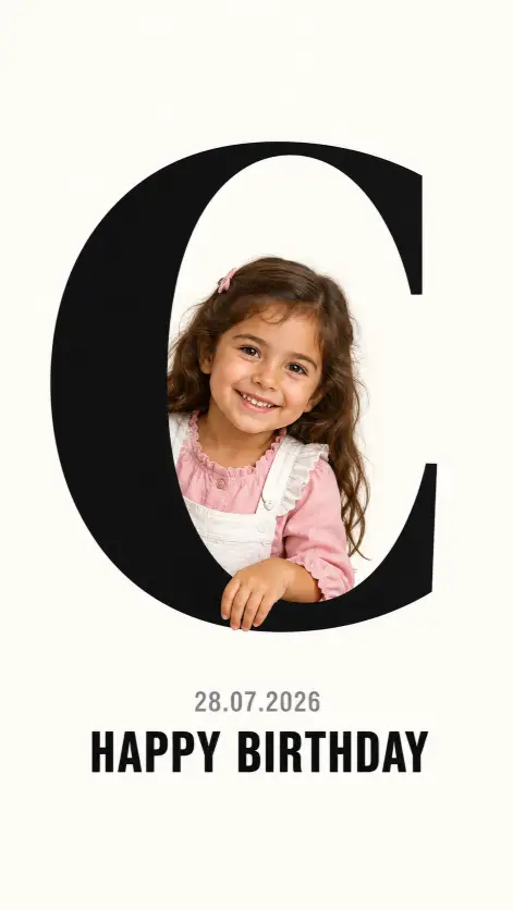 Create a large, bold black letter "C" centered on a clean off-white background. A 5-year-old girl with long wavy brown hair peeks playfully through the negative space of the letter, looking out from behind it as if emerging through a cutout. The child wears a pink ruffled blouse and white pinafore dress and smiles warmly at the camera. One hand rests on the lower edge of the letter. Soft, even studio lighting, sharp focus on the child's face, photorealistic, high detail. Below the letter, small gray text reads "28.07.2026" and large bold black text reads "HAPPY BIRTHDAY". Use aspect ratio 9:16.