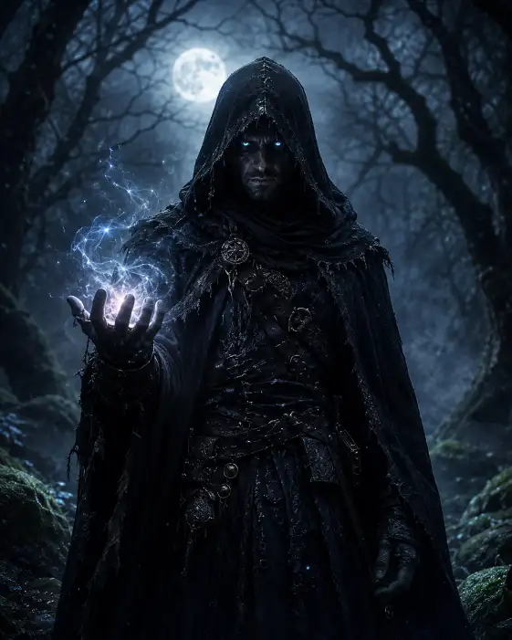 Create a cinematic dark fantasy portrait of a hooded sorcerer standing alone in a fog-drenched ancient forest at night. He wears a tattered black cloak with frayed edges over weathered leather armor, the hood pulled low so only his sharp jaw and glowing pale blue eyes are visible. One hand is raised at chest height with faint magical light swirling around his fingertips. The camera is at eye level, shooting straight on with a slight low tilt to make him feel imposing. Cold moonlight filters through bare twisted branches, casting long shadows across the mossy ground. The mood is mysterious, ominous, and otherworldly. Deep blues, charcoal grays, and faint silver highlights fill the frame. Use aspect ratio 4:5.