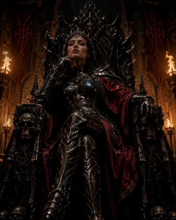 Create a dramatic dark fantasy portrait of a warrior queen seated on a jagged obsidian throne carved with skulls and thorns. She sits upright with one elbow resting on the armrest and her chin lifted in cold confidence. She wears ornate black plate armor with crimson cloth draping over one shoulder and a spiked iron crown resting on her dark braided hair. Her expression is calm but merciless, eyes locked on the camera. The camera is at a slightly low angle, looking up to emphasize her dominance. Torchlight flickers from the sides, casting warm orange light against the deep shadows of a vast stone hall. Rich blacks, deep reds, and amber highlights dominate the scene. Use aspect ratio 4:5.