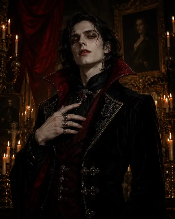Create an elegant dark fantasy portrait of a pale vampire lord standing in a grand candlelit gothic hall. He wears a fitted black velvet coat with deep red lining, a high collar, and silver rings on his long fingers. His posture is relaxed and aristocratic, one hand resting near his chest, his expression cold and amused with faint fangs visible. The camera is at eye level, slightly tight framing from the waist up. Dozens of candles cast warm flickering light against towering dark drapes and old oil paintings in the background. The mood is luxurious, sinister, and seductive. Deep blacks, blood reds, and warm candle gold dominate the palette. Use aspect ratio 4:5.