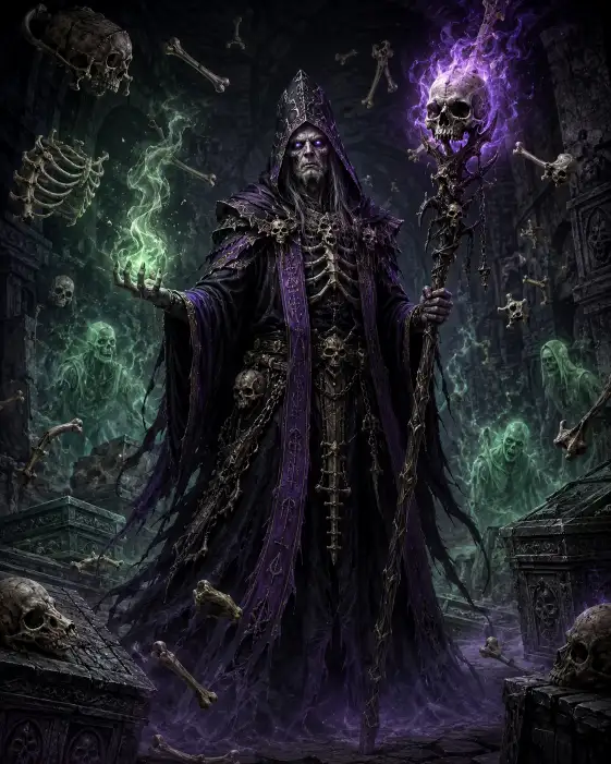 Create a chilling dark fantasy portrait of a necromancer standing in an underground crypt surrounded by floating bones and faint green spirits. He wears long flowing black and purple robes with bone-shaped clasps and a tall hood, holding a twisted staff topped with a glowing skull. His face is gaunt, his eyes hollow and glowing faint violet. The camera is at eye level, slightly wide to capture the floating bones around him. Ghostly green and purple light emanates from the staff and spirits, illuminating cracked stone walls and ancient coffins. The mood is dark, supernatural, and unsettling. Deep purples, sickly greens, and bone-white tones dominate the scene. Use aspect ratio 4:5.