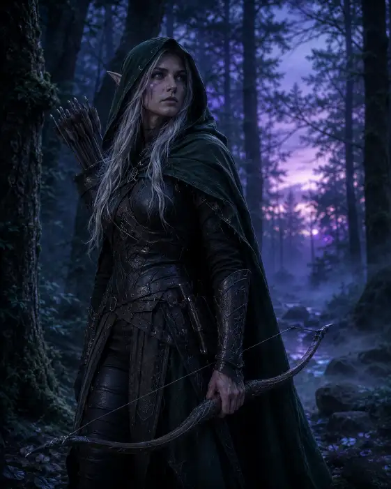 Create an atmospheric dark fantasy portrait of an elven ranger standing alert in a misty twilight forest. She wears a hooded dark green leather cloak over fitted armor, with a quiver of arrows on her back and a longbow held loosely in one hand. Her long silver hair spills from beneath the hood and her pointed ears are visible. Her sharp eyes scan the trees with quiet focus. The camera is at eye level, slightly low, framing her from the knees up. Faint purple and blue twilight glows between tall dark trees with thin mist drifting across the ground. The mood is alert and mysterious. Cool teals, deep greens, and soft violet light fill the frame. Use aspect ratio 4:5.