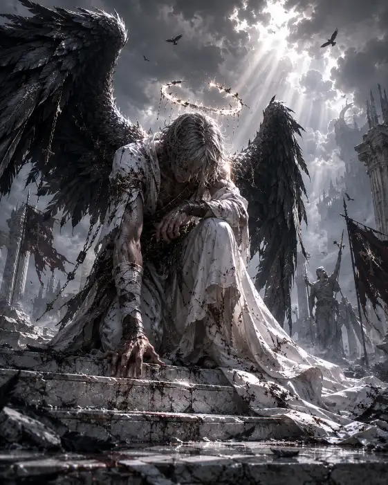 Create a powerful dark fantasy portrait of a fallen angel kneeling on cracked marble steps with large tattered black wings folded behind. The figure wears torn white robes stained with grey ash and bound with dark leather straps, head bowed and one hand pressed to the ground. A faint broken halo flickers above their head. The camera is at a low angle, looking up to capture the scale of the wings against a stormy sky. Pale grey light breaks through dark clouds, casting soft contrast across the feathers and ruined architecture. The mood is tragic and solemn. Muted whites, charcoal blacks, and stormy grey tones dominate the scene. Use aspect ratio 4:5.