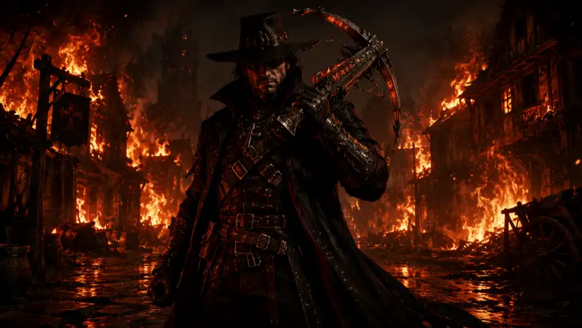 Create an intense dark fantasy portrait of a demon hunter standing in the middle of a burning village street at night. He wears a long dark coat over reinforced leather armor, a wide-brimmed hat, and carries a large rune-engraved crossbow over one shoulder. His stance is wide and ready, his scarred face lit from below by the surrounding flames. The camera is at chest height, slightly angled to capture the burning buildings behind him. Fierce orange and red firelight flickers across the scene with thick smoke rising into a black sky. The mood is dangerous and dramatic. Deep blacks, fiery oranges, and harsh red highlights fill the frame. Use aspect ratio 16:9.