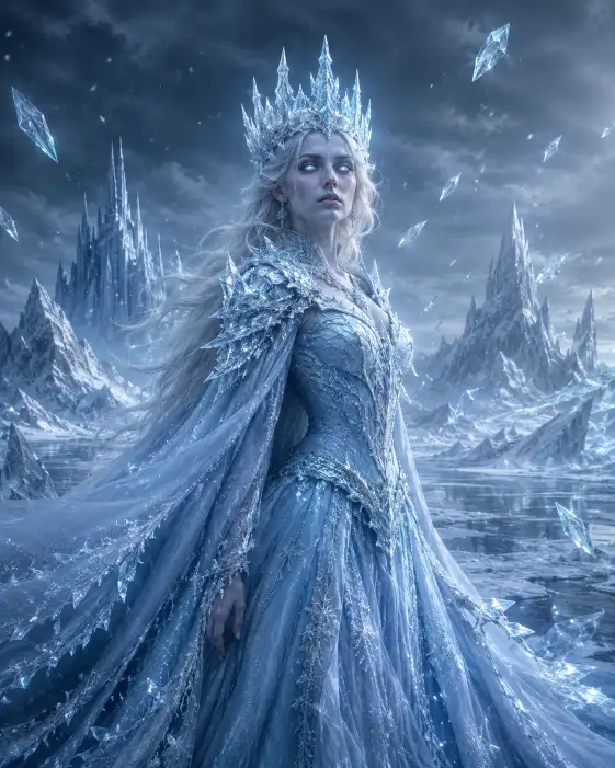 Create a striking dark fantasy portrait of an ice queen standing in a vast frozen wasteland beneath a dark grey sky. She wears a flowing pale blue gown layered with crystalline armor and a jagged ice crown, frost clinging to the edges of the fabric. Her skin is pale, her eyes glowing faint white, and her expression is cold and distant. The camera is at eye level, slightly wide to show the icy landscape behind her. Pale blue light reflects off snow and floating ice shards, with a faint cold mist surrounding her. The mood is regal and frozen. Icy blues, frosty whites, and soft silver tones dominate the palette. Use aspect ratio 4:5.