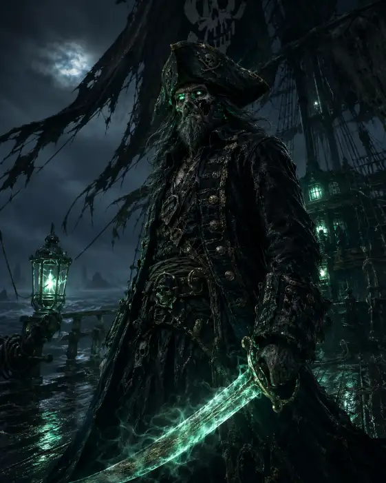 Create a haunting dark fantasy portrait of a cursed pirate captain standing on the deck of a rotting ghost ship at night. He wears a tattered dark coat with tarnished gold buttons, a worn tricorn hat, and a glowing cutlass at his side. Parts of his face show faint skeletal decay, and his eyes glow a sickly green. The camera is at a slight low angle, capturing torn black sails and a fog-covered sea behind him. Pale green ghostly light glows from lanterns and his sword, reflecting off the wet deck. The mood is eerie and supernatural. Deep blue-blacks, ghostly greens, and faded gold tones fill the frame. Use aspect ratio 4:5.