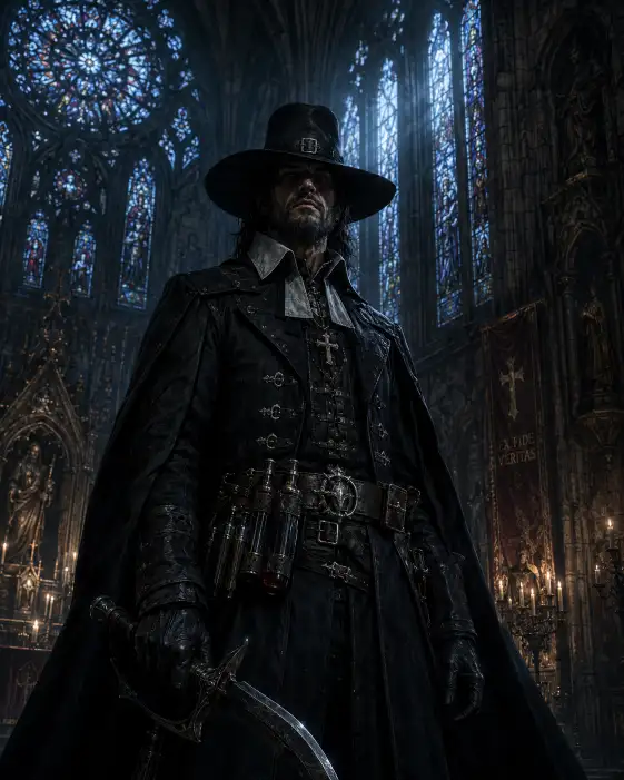 Create a dramatic dark fantasy portrait of a stern witch hunter standing inside a vast gothic cathedral at dusk. He wears a long black coat with silver buckles, a wide leather belt holding vials and a curved blade, and a stiff white collar. His expression is hard and unforgiving, his eyes shadowed beneath a black hat. The camera is at eye level, slightly low to capture the towering arches and stained glass behind him. Cold coloured light filters through tall windows, mixing with the flicker of candles along the stone walls. The mood is grim and devout. Deep blacks, cold blues, and muted jewel-toned glass light fill the scene. Use aspect ratio 4:5.