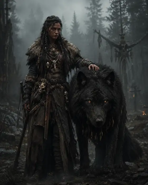 Create an atmospheric dark fantasy portrait of a beast tamer standing beside a massive black shadow wolf in a dark misty clearing. She wears layered fur and leather armor in earthy tones with bone ornaments, one hand resting calmly on the wolf's head. Her expression is steady and fearless, her braided dark hair falling over one shoulder. The wolf's eyes glow faint amber. The camera is at eye level, slightly wide to show both figures in the misty forest. Dim cold light filters through the fog, with a faint warm glow from the wolf's eyes. The mood is wild and mysterious. Muted browns, deep greens, and cold grey mist fill the frame. Use aspect ratio 4:5.