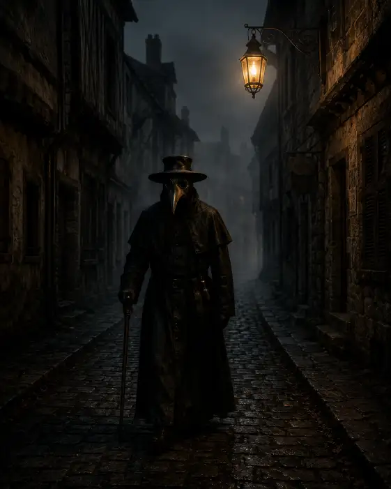 Create an unsettling dark fantasy portrait of a plague doctor walking slowly down an empty cobblestone street at night. The figure wears a long black waxed coat, wide-brimmed hat, and the iconic curved beaked mask with dark glass eye lenses, holding a wooden cane in one gloved hand. The posture is slow and deliberate. The camera is at eye level, slightly distant, capturing the narrow medieval street with shuttered windows on both sides. A single hanging lantern casts dim orange light, fading into thick fog further down the street. The mood is eerie and lonely. Deep blacks, cold greys, and faint amber lantern light dominate the scene. Use aspect ratio 4:5.