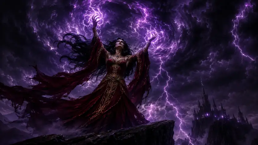Create an epic dark fantasy portrait of a powerful sorceress standing on a cliff edge conjuring a storm above her. She wears a flowing dark crimson gown with golden embroidery, her arms raised high as crackling purple lightning swirls around her hands. Her long black hair whips wildly in the wind. The camera is at a low angle, looking up to capture both her and the churning storm clouds behind her. Flashes of violet lightning illuminate her face against a near-black sky. The mood is dramatic and electric. Deep purples, stormy blacks, and bright violet highlights fill the frame. Use aspect ratio 16:9.