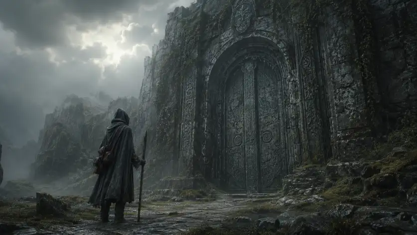 Create a moody dark fantasy portrait of a lone hooded wanderer standing before a massive crumbling stone gate covered in vines and carved symbols. They wear a long weathered grey travelling cloak, leather boots, and carry a worn wooden staff in one hand. Their back is partly to the camera as they gaze up at the towering gate. The camera is positioned behind and slightly to the side, framing the wanderer small against the enormous gate. Soft pale light breaks through overcast clouds, casting a faint glow over the mossy ruins. The mood is lonely and contemplative. Muted greys, dull greens, and soft cold light fill the frame. Use aspect ratio 16:9.
