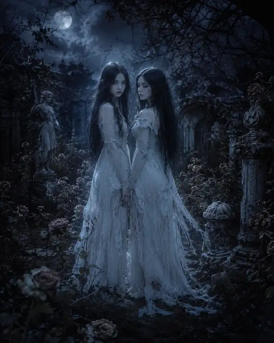 Create an ethereal dark fantasy portrait of two pale spirit sisters standing together in an overgrown haunted garden at midnight. They wear matching faded white lace gowns with torn hems, their long dark hair falling straight down, their skin softly translucent. One looks directly at the camera while the other gazes away. The camera is at eye level, slightly distant to show the wild garden of dead roses and broken statues around them. Faint cold blue moonlight filters through twisted branches, giving their figures a soft glowing outline. The mood is haunting and melancholic. Pale blues, ghostly whites, and deep shadow tones fill the frame. Use aspect ratio 4:5.
