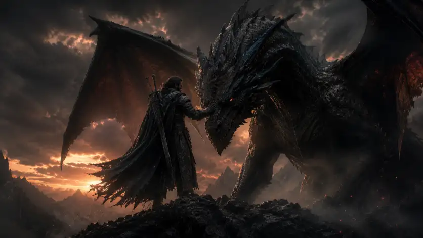 Create an epic dark fantasy portrait of a dragon rider standing in front of a massive black dragon on a rocky mountain ridge at dusk. The rider wears dark scaled armor with a long fur-lined cloak and a sword strapped across the back, standing with one hand resting on the dragon's lowered snout. The dragon's eyes glow faint orange. The camera is at a low angle, looking up to capture both the rider and the towering dragon against a stormy sky. Dim orange and grey light breaks through dark clouds, outlining the dragon's wings and the rider's silhouette. The mood is powerful and epic. Deep blacks, smoky greys, and faint ember orange highlights fill the frame. Use aspect ratio 16:9.