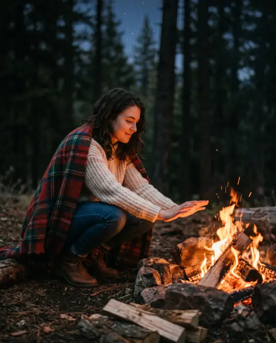 Create a photo of a young woman crouched beside a crackling campfire at night, leaning forward with both hands stretched toward the flames to warm them. She is wearing a chunky cream knit sweater, dark jeans, and brown leather boots, with a plaid blanket draped over her shoulders. Her hair falls loosely around her face and she has a soft, content expression as she watches the fire. The camera is at eye level, slightly to the side, with a shallow depth of field. The firelight casts a warm orange glow across her face and hands while the background fades into a dark blue forest with faint silhouettes of trees. Cozy, cinematic mood with warm amber tones. Shot with a 50mm lens. Use aspect ratio 4:5.