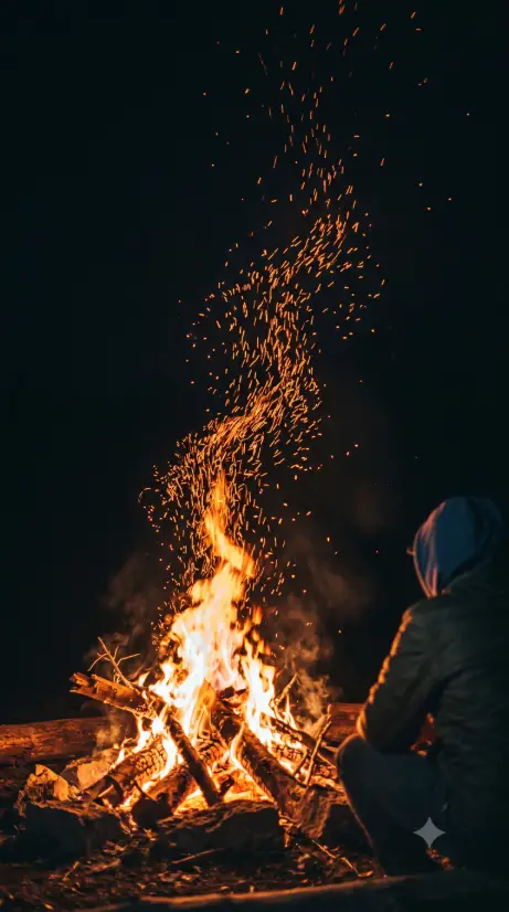 Create a photo of a roaring campfire at night with bright orange sparks flying upward into the dark sky. A person sits just at the edge of the frame, slightly out of focus, wearing a dark hooded jacket and watching the flames. The main focus is the fire itself and the trail of glowing sparks rising and scattering against the black night. The camera is at a low angle, looking slightly upward to follow the sparks. The scene is lit almost entirely by the deep orange and yellow glow of the fire. Dramatic, atmospheric mood with high contrast between the bright fire and dark sky. Shot with a 50mm lens. Use aspect ratio 9:16.