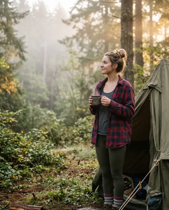 Create a photo of a young woman standing outside her tent in the early morning, holding a steaming mug of coffee with both hands. She is wearing an oversized flannel shirt over a tank top, leggings, and wool socks, with her hair in a messy bun. She is looking out toward a misty forest with a soft, sleepy smile. The camera is at eye level, slightly to the side, with a shallow depth of field. Soft golden morning light filters through the trees and a light mist hangs in the air. Fresh, peaceful, cozy mood with warm muted tones. Shot with a 50mm lens. Use aspect ratio 4:5.
