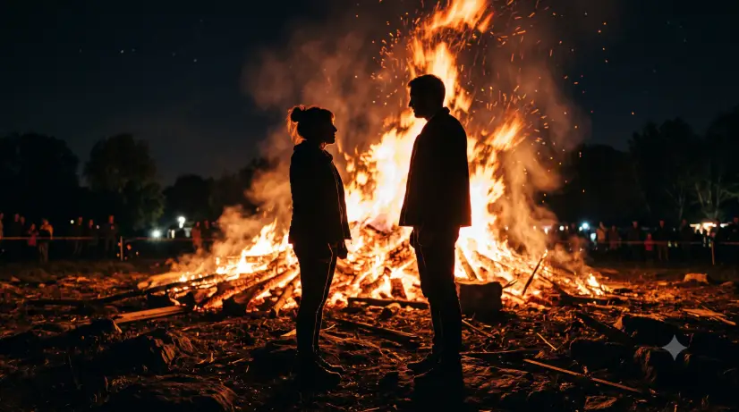 Create a photo of two people standing in silhouette in front of a large blazing bonfire at night. They are turned slightly toward each other, with the bright fire behind them outlining their shapes in glowing orange light. Their clothing details are dark and indistinct, reduced to clean silhouettes. The camera is at eye level, capturing them and the towering flames in a wide composition. The bonfire fills the background with intense orange, red, and yellow light while the figures stay dark in the foreground. Dramatic, moody, cinematic mood with strong contrast. Shot with a 35mm lens. Use aspect ratio 16:9.