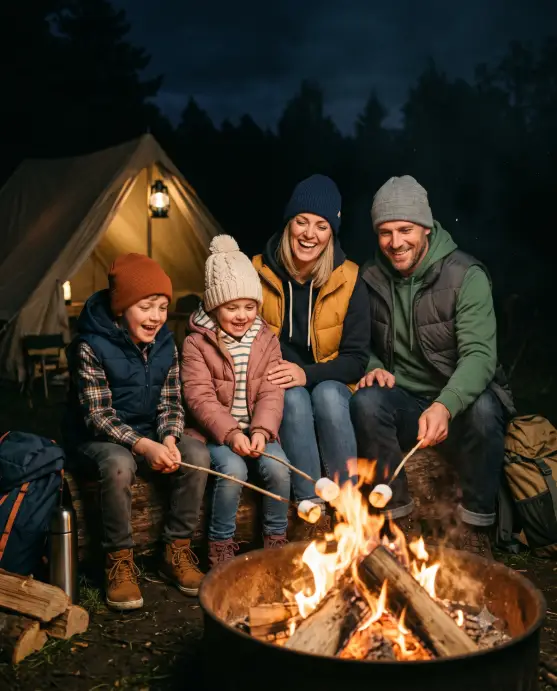 Create a photo of a family of four sitting around a campfire at night, with two young children excitedly roasting marshmallows on sticks while the parents watch and smile. Everyone is dressed in cozy outdoor layers like puffer vests, hoodies, and beanies. The children are leaning toward the fire with focused, happy expressions. The camera is positioned at a slightly low angle to include the family and the fire in the foreground. Warm firelight glows across all their faces against a dark campsite background with a tent faintly visible. Heartwarming, candid, family-style mood with warm golden tones. Shot with a 35mm lens. Use aspect ratio 4:5.