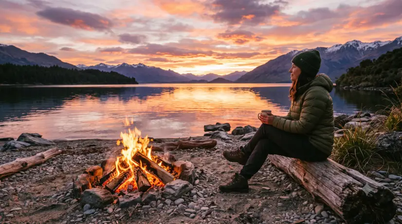 Create a photo of a campfire burning on the shore of a calm lake at sunset, with a person sitting on a log nearby looking out at the water. The person is wearing a green jacket and beanie, sitting with relaxed posture and a mug in hand. The fire glows in the foreground while the lake reflects the orange and pink sunset sky. The camera is positioned at a low wide angle to capture the fire, the person, the lake, and the colorful sky together. Warm sunset light blends with the orange firelight across the whole scene. Serene, scenic, golden-hour mood with rich warm tones. Shot with a 24mm lens. Use aspect ratio 16:9.