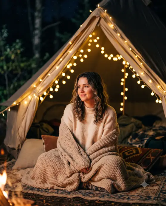 Create a photo of a young woman sitting at the entrance of her tent at night, wrapped in a soft knit blanket with warm fairy lights strung around the tent opening behind her. She is wearing a cream sweater and has a gentle, dreamy expression as she looks slightly off-camera. The camera is at eye level with a shallow depth of field, turning the fairy lights into soft glowing bokeh. The warm string lights and a faint nearby fire light her face gently against the dark night. Whimsical, cozy, dreamy mood with warm golden tones. Shot with an 85mm lens. Use aspect ratio 4:5.