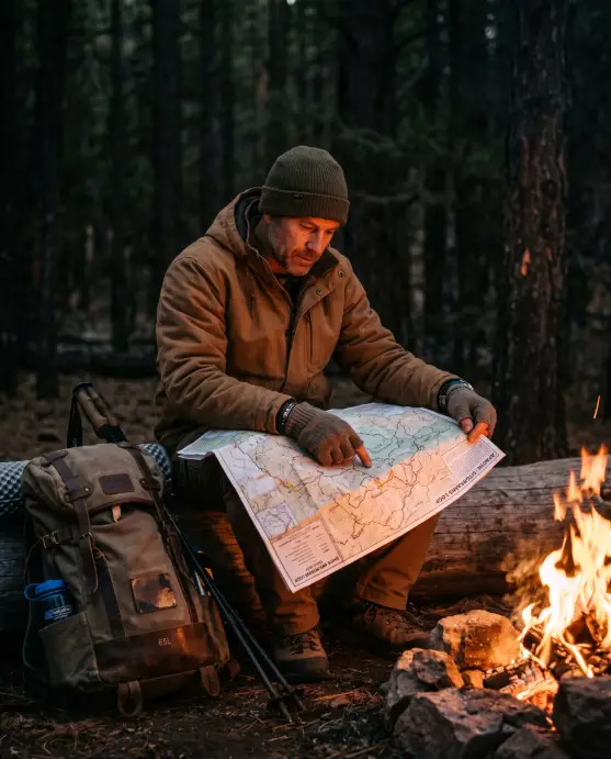 Create a photo of a man sitting on a log beside a campfire at night, studying a paper trail map spread across his lap by the light of the flames. He is wearing a rugged brown jacket, a beanie, and fingerless gloves, with a focused, thoughtful expression. A backpack and hiking gear rest beside him. The camera is at eye level, slightly to the side, with a shallow depth of field. The firelight glows warmly across the map and his face while the background fades into a dark forest. Adventurous, rugged, storytelling mood with warm amber tones. Shot with a 50mm lens. Use aspect ratio 4:5.