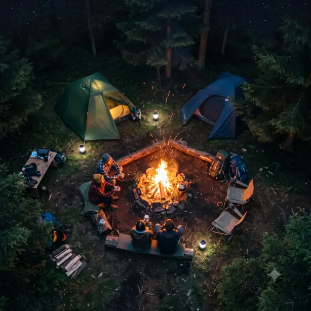Create an overhead photo of a campsite at night, looking straight down at a glowing campfire surrounded by logs, two small tents, and scattered camping gear like backpacks, lanterns, and folding chairs. A couple of people sit around the fire, visible from above. The camera is positioned directly overhead in a flat-lay aerial perspective. The campfire is the brightest point, casting a warm orange glow outward across the campsite while the edges fade into dark grass and forest. Unique, atmospheric, top-down mood with a mix of warm firelight and cool dark tones. Shot with a wide-angle lens. Use aspect ratio 1:1.