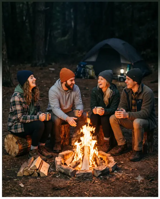 Create a photo of four friends sitting on logs around a glowing campfire at night, all laughing and mid-conversation. They are dressed in casual outdoor layers like flannel shirts, hoodies, and beanies, with mugs of hot drinks in their hands. One person is leaning back laughing while another leans in toward the fire. The camera is positioned slightly low and wide to capture the full circle of friends and the fire in the center foreground. The firelight illuminates their faces with a warm flickering glow while the surrounding campsite and tent fade into darkness behind them. Candid, joyful, documentary-style photo with rich warm tones. Shot with a 35mm lens. Use aspect ratio 4:5.