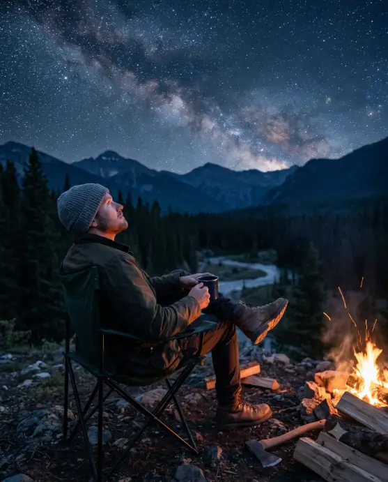 Create a photo of a man sitting alone on a camping chair beside a small fire, looking up at a sky full of stars. He is wearing a dark green field jacket, gray beanie, and rugged hiking boots, with his hands wrapped around a metal mug. His posture is relaxed with one leg crossed over the other and a calm, thoughtful expression. The camera is positioned at a low angle behind and to the side, capturing both him and the vast star-filled sky above. The fire glows softly on one side of his face while the rest of the scene is lit by cool moonlight and distant stars. Quiet, contemplative mood with a mix of warm firelight and cool blue night tones. Shot with a 24mm lens. Use aspect ratio 4:5.